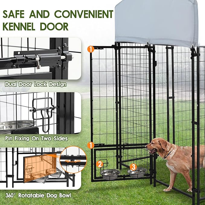 8x4x6 FT Dog Kennel Outdoor for Large Dogs,Dog Enclosure Dog Cage Pet House with UV-Resistant Waterproof Cover,Double Safety Locks,Rotating Feeding Bowls