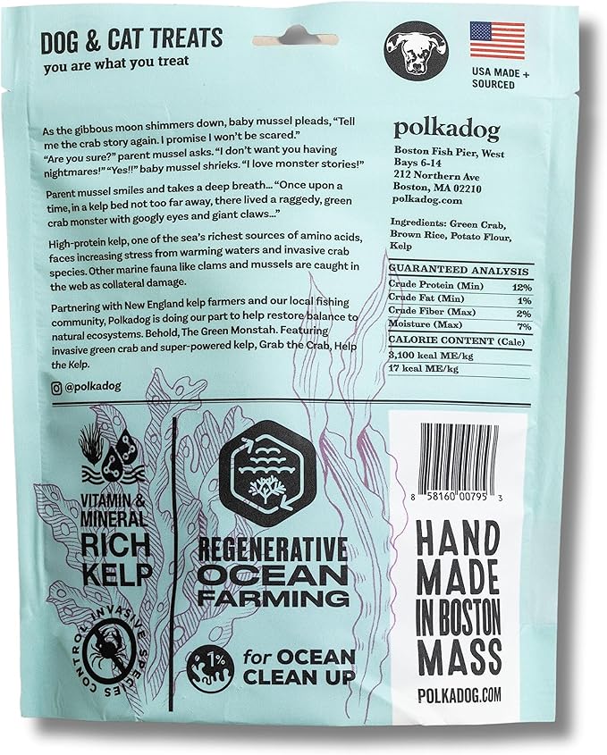 Polkadog Green Monstah Bone Shaped Dog Treats - Kelp & Green Crab, Crunchy, All Natural, Limited Ingredient, Lean Protein & Omega-3 Rich Snacks for Dogs, Great for All Breeds, Made in USA - 7oz