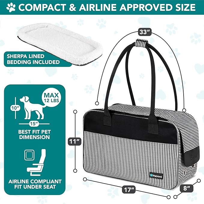 PetAmi Dog Purse Carrier for Small Dogs, Airline Approved Soft Sided Pet Carrier with Pockets, Ventilated Dog Carrying Bag for Puppy Cat, Dog Travel Supplies Bag, Sherpa Bed, Max 12 lbs, Stripe Black