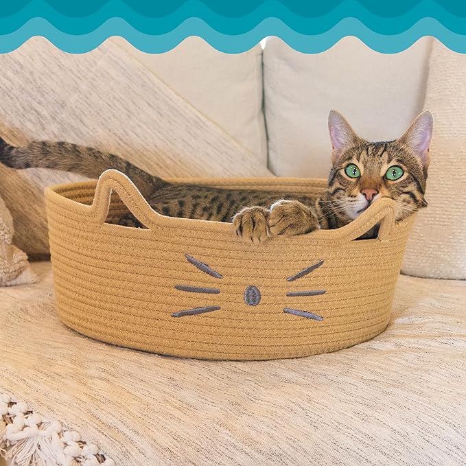 Catstages Bed & Basket Retreat 2-in-1 Cat Bed with Removable Cushion, Plush Cotton Rope, Tan, 15 in – Versatile Pet Bed and Toy Storage Basket