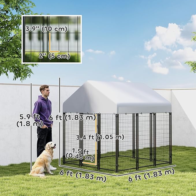 PawHut Outdoor Dog Kennel with Roof, 6' x 6' x 6' Heavy Duty Welded Wire Dog Playpen Enclosure with Escape-Proof Lock, UV-Resistant & Waterproof Cover, for Large Dogs, Chickens, Ducks, Silver