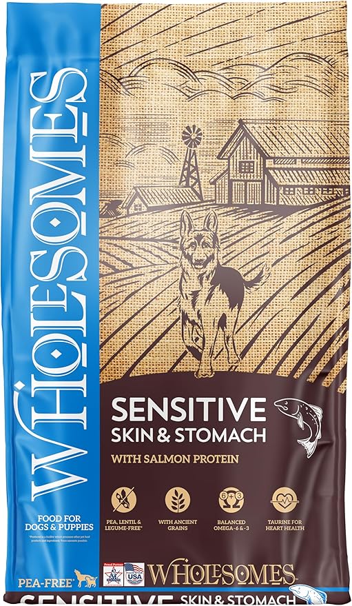 Wholesomes Sensitive Skin & Stomach Dry Dog Food, Salmon Protein & Brown Rice Recipe, Ancient Grains & Omega Fatty Acids for Digestive Health, 30 lb Bag