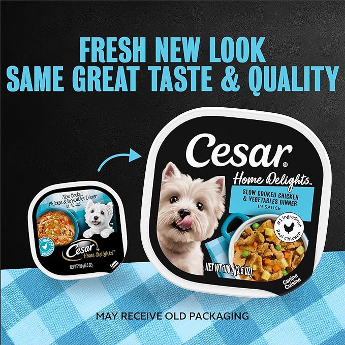 Cesar Home Delights Adult Wet Dog Food, Slow Cooked Chicken & Vegetables Dinner in Sauce 3.5 oz. Easy Peel Dog Food Tray, 24 Count (Pack of 1)