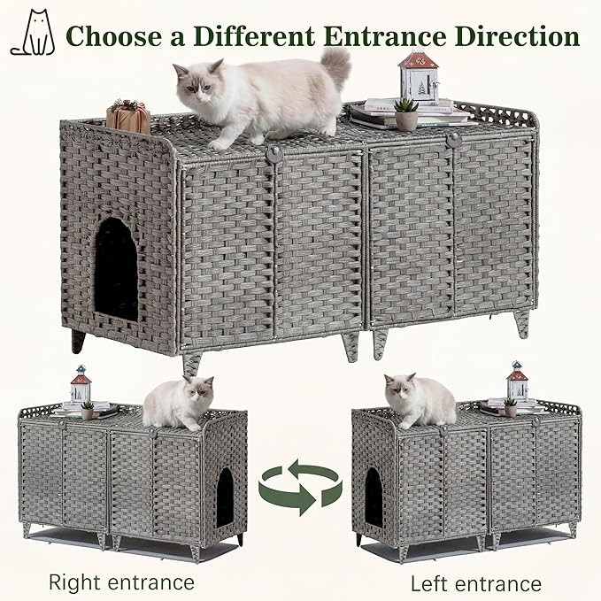 GarveeLife Cat Litter Box Enclosure Furniture, Handwoven Rattan Cat House, Hidden Cat Washroom Furniture with Door/Mat, Large Space Cat House with s-Shaped Hooks, Living Room, Bedroom
