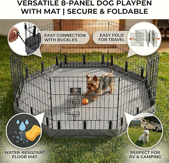 PJYuCien Dog Playpen with Bottom Pad - Metal Foldable Exercise Pen, 8 Panels 24" H x 24" W Indoor Outdoor Pet Fence Puppy Crate Kennel, Gray