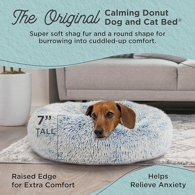 Best Friends by Sheri The Original Calming Donut Dog Bed for Small Dogs up to 25 lbs, Shag Faux Fur, Denim Blue, 23" x 23"