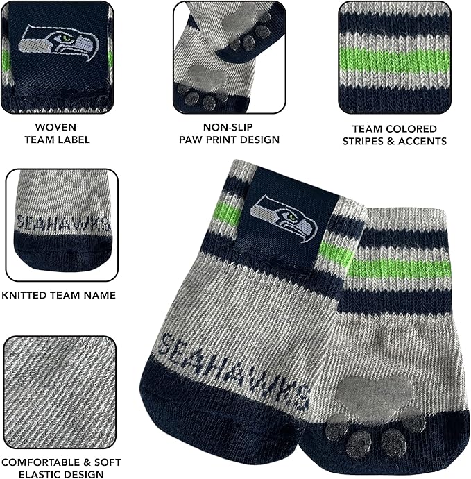 NFL Seattle Seahawks Anti Slip Dog Socks with Elastic Ribbed Top, Size Medium/Large. Indoor/Outdoor Socks, Best Dog Paw Protector, 2 Pairs, Cool Puppy Supplies with NFL Logo of Seahawks Football Team