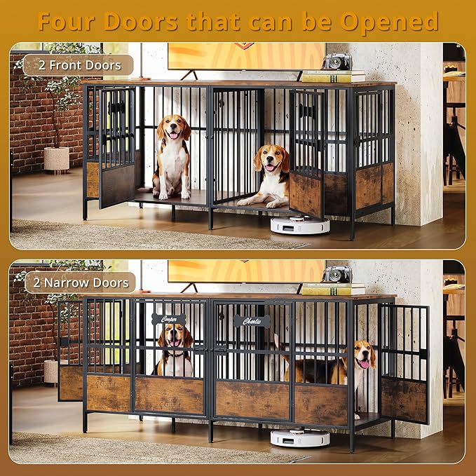 IRONCK 67" Dog Crate Furniture for 1 or 2 Dogs – Heavy Duty Dog Kennel with Adjustable Divider, Double Dog Cage as TV Stand, Rustic Brown