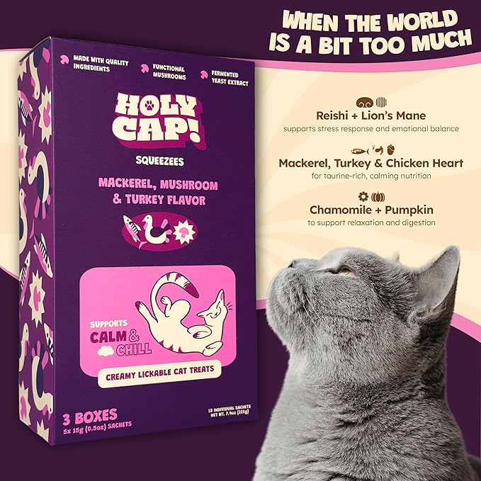 Calm & Chill Grain-Free Lickable Cat Treats, 15 Squeezable Purée Tubes (0.5 oz Each), Mackerel & Turkey Flavor, Creamy Cat Purée with Clean Ingredients, Hand-Fed Treat or Meal Topper