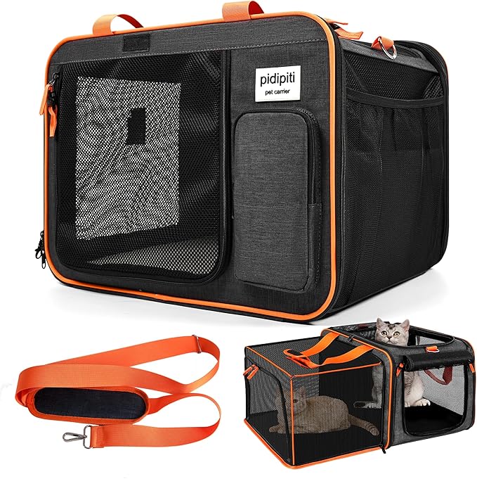pidipiti 20 x 14 x 14 inches Expandable pet Carrier for 1 Large cat Under 25 lbs,2 Medium Cats 20 lbs+,cat Crate/Bag for Short Trip/Long Distance car Travel