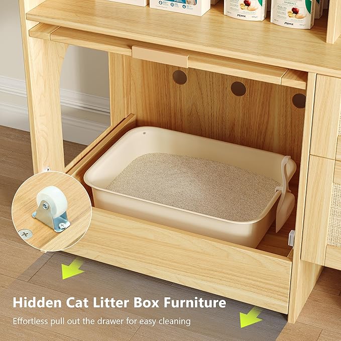 Einhomn Cat Litter Box Furniture 42'' Hidden Enclosure with Litter Drawer, Litterbox Cabinet with Storage, Boho Rattan Style Indoor Cat House Washroom, Fits Most of Litter Boxes