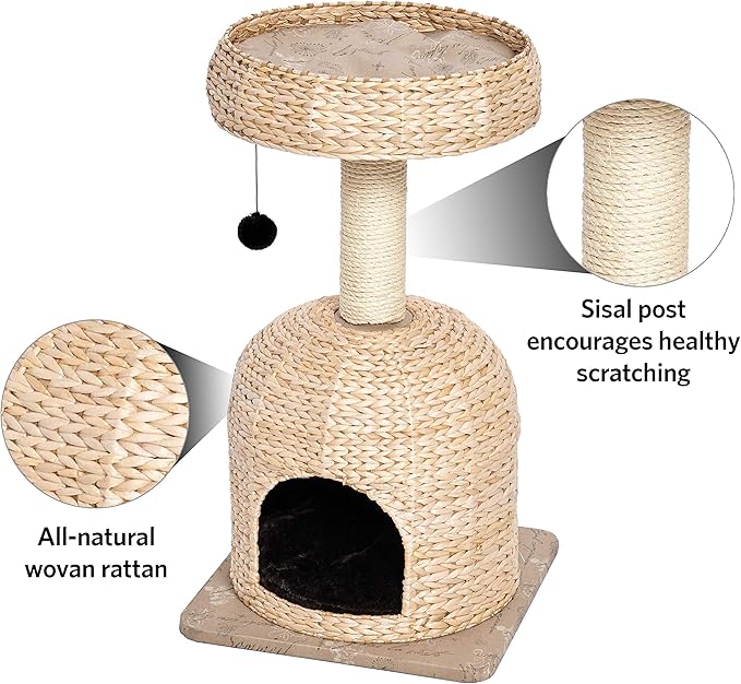 MidWest Homes for Pets Cat Tree |Scout Cat Furniture Cat Activity Tree w/Sisal Wrapped Support Scratching Posts & Dangle Play Balls, Woven Rattan & Script Small Cat Tree