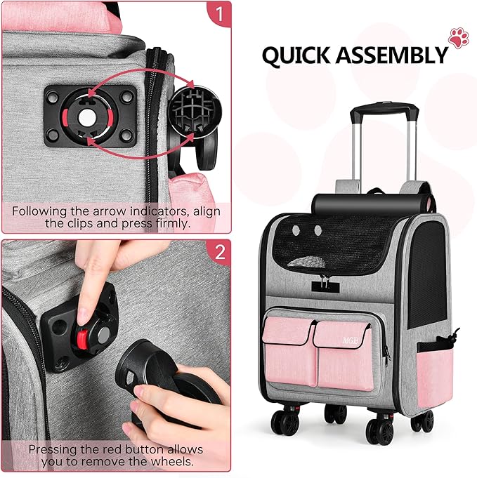 MGB Large Pet Carrier, Foldable Rolling Dog Carrier with Removable Wheels, Cat Rolling Bag 21.3"x15"x12.2" for 2 Cats & 1 Dog for Travel, Outdoor, Vet Visits, Camping, Indoor. Pink. (Not for Airline)