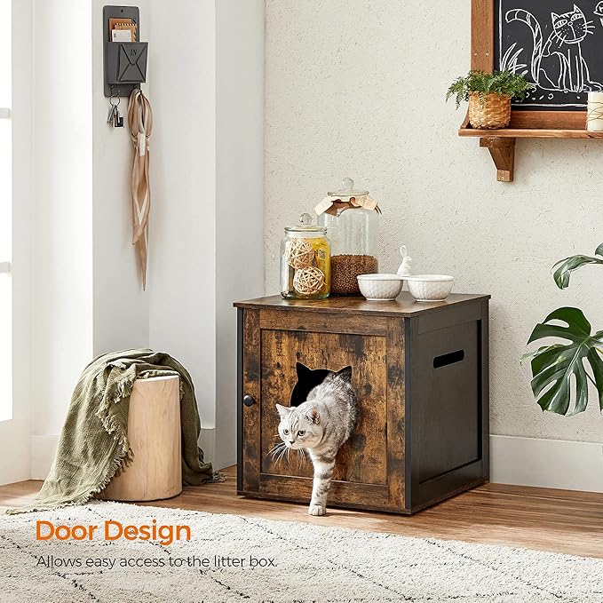 Feandrea Cat Litter Box Furniture, Hidden Litter Box Enclosure Cabinet with Single Door, Indoor Cat House, End Table, Nightstand, Rustic Brown and Black UPCL004X02