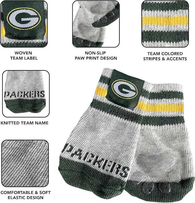 NFL Green Bay Packers Anti Slip Dog Socks with Elastic Ribbed Top, Size Medium/Large. Indoor/Outdoor Socks, Best Dog Paw Protector, 2 Pairs, Cool Puppy Supplies with NFL Logo of Packers Team