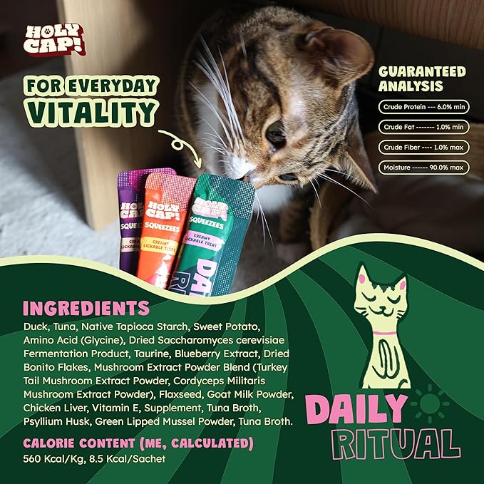 Daily Ritual Grain-Free Lickable Cat Treats, 5 Squeezable Purée Tubes (0.5 oz Each), Duck & Tuna Flavor, Creamy Cat Purée with Clean Ingredients, Hand-Fed Treat or Meal Topper