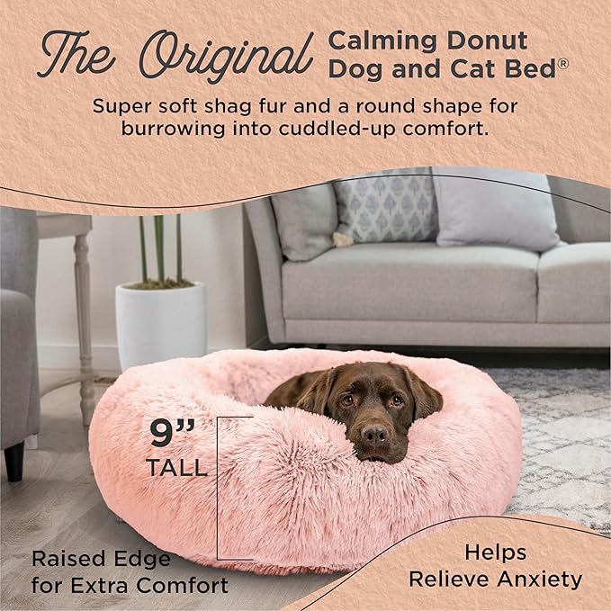 Best Friends by Sheri The Original Calming Donut Dog Bed for Large Dogs up to 100 lbs, Shag Faux Fur, Cotton Candy Pink, 36" x 36"