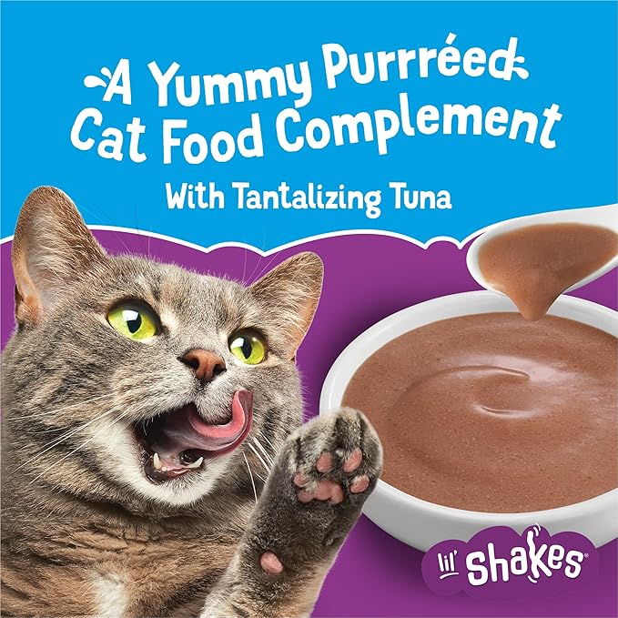 Purina Friskies Pureed Cat Food Topper, Lil’ Shakes With Tantalizing Tuna Lickable Cat Treats - (Pack of 16) 1.55 oz. Pouches