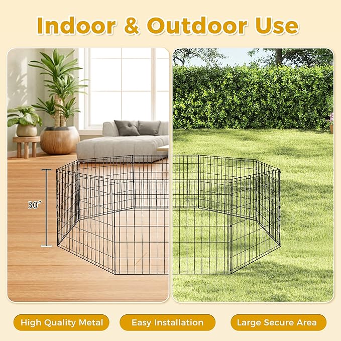 PAWZ Road Dog Playpen Foldable Metal Dog Fence Outdoor/Indoor Use Portable Design for RV and Camping- 8 Panels (24" Wide Each), 30 inch Height for Small Dogs Puppy Large Dogs
