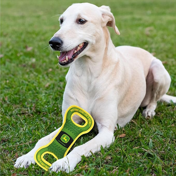 Pets First John Deere Dog Squeak TUG Toy Tough-Nylon Bone Toy for Dogs & Cats. Durable Sturdy PET Toy with John Logo. Best Dog Field Toy for Dog Owners, Farmers, Builders, Etc.., Green (JOD-3030)