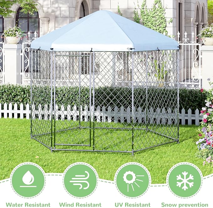 EUNHOO Large Dog Kennel Outdoor,9.2'L x 9.2'W x 8'H Dog Houses for Large Dogs Outside with Roof, Metal Wire Outdoor Dog Kennel Dog Pen, Dog Fence Run with Lock