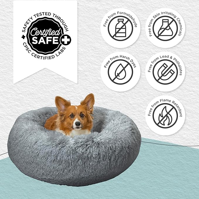 Best Friends by Sheri The Original Calming Donut Dog Bed for Small Dogs up to 25 lbs, Shag Faux Fur, Gray, 23" x 23"