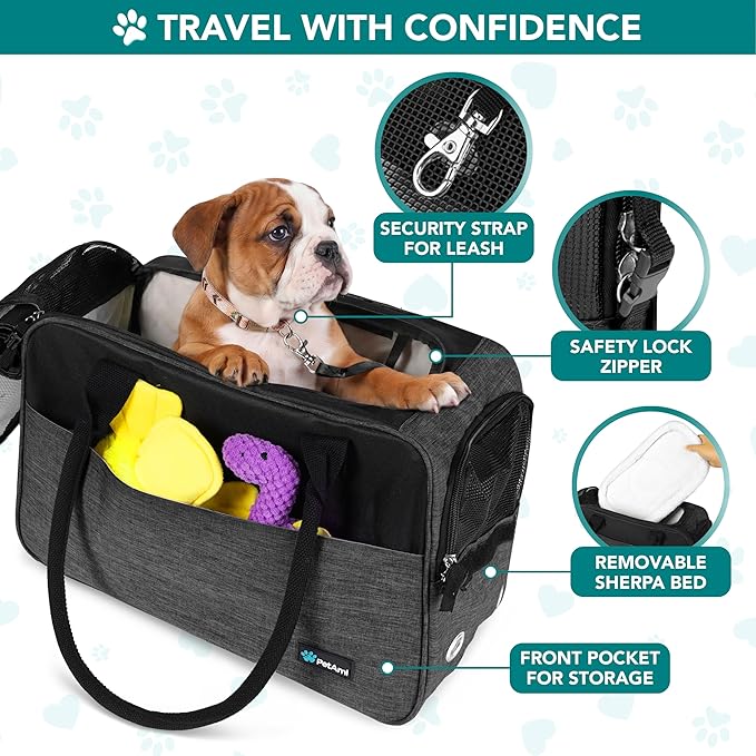 PetAmi Dog Purse Carrier for Small Dogs, Airline Approved Soft Sided Pet Carrier with Pockets, Ventilated Dog Carrying Bag for Puppy Cat, Dog Travel Supplies Bag, Sherpa Bed, Max 12 lbs, Dark Gray