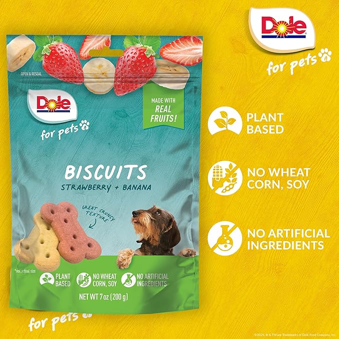 Dole for Pets Dog Biscuits Assorted Banana + Strawberry Mix, Real Fruit Flavor Vegan Crunchy Treats, No Wheat Corn Soy or Artificial Additives, Bite Size Training Snacks for Dogs, 7 Oz (Pack of 2)