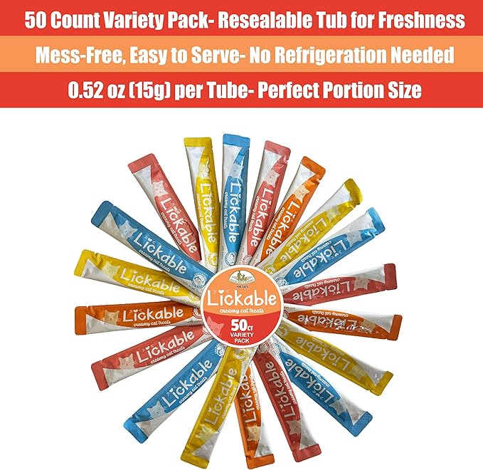 Fieldcrest Farms Lickable Cat Treats, 50 Count Variety Pack — Chicken, Tuna, Duck, Salmon — Thick & Protein-Rich Squeeze Tubes with Taurine, Grain Free, 6 Calories Per Tube