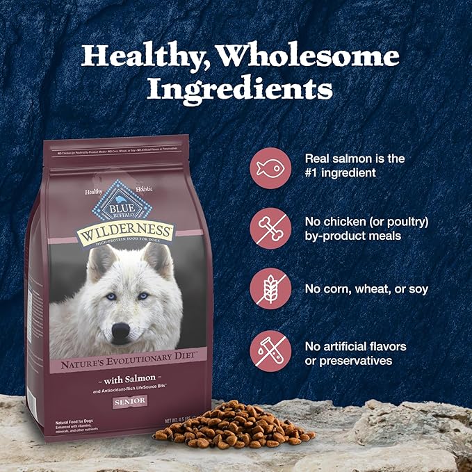 Blue Buffalo Wilderness High-Protein Natural Dry Food for Senior Dogs, Salmon Recipe, 24-lb. Bag