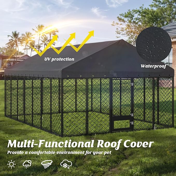 10x14FT Dog Kennel Outdoor with Roof - Heavy Duty Metal Fence Playpen for Large Dogs, Weatherproof Enclosure with Double Lock Gate & Feeding Swivel Door
