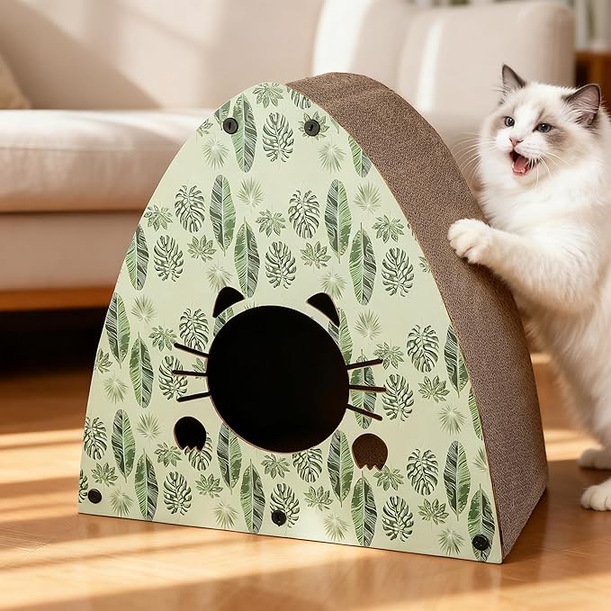 CSR1006E Koko 19" Modern Cardboard Triangle Cat Cave Scratcher with Catnip, Mint/Green, 2-in-1 Corrugated Cat House Hideaway & Scratching Board, Durable Furniture Protector