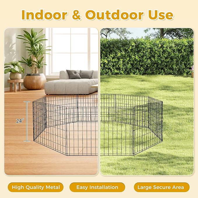 PAWZ Road Dog Playpen, Foldable Metal Dog Fence Outdoor/Indoor Use Portable Design for RV and Camping- 8 Panels (24" Wide Each), 24 inch Height for Small Dogs Puppy Large Dogs