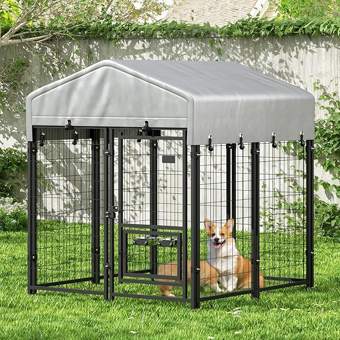 HOGYME Outdoor Dog Kennel with Roof, Dog Kennel Outside with 2 Dog Bowls, Large Dog House Pen Dogs Run Enclosure with Secure Lock and Wateproof Sunproof Cover (4'L x 4'W x 4.6'H) Black