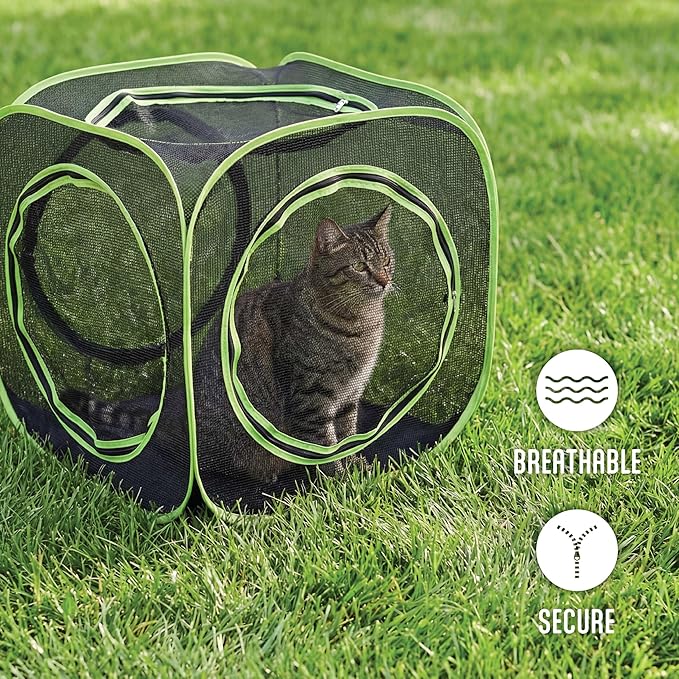 Kitty City Large Outdoor Cat Play Cube, Mesh Pop-Up Cat Enclosure for Indoor & Outdoor Use, Expandable Modular Cat Playpen with Zippered Access - Green