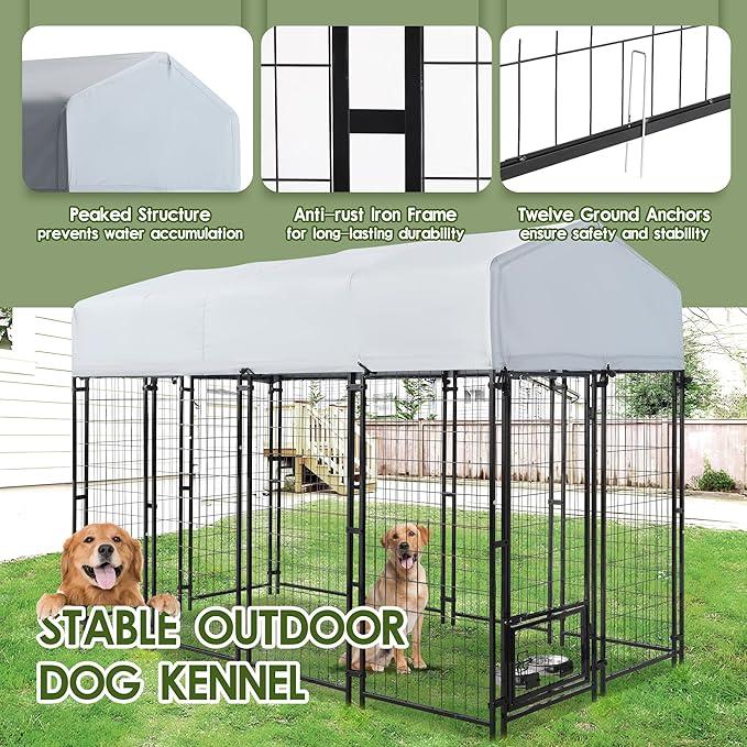 8x4x6 FT Dog Kennel Outdoor for Large Dogs,Dog Enclosure Dog Cage Pet House with UV-Resistant Waterproof Cover,Double Safety Locks,Rotating Feeding Bowls