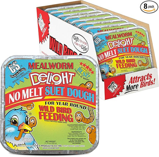 C&S Mealworm Delight No Melt Suet Dough, Suet Cakes for Wild Birds Including Robins, Blue Jays, Woodpeckers, Wrens, Bluebirds and More, 11.75 Ounces, Pack of 8