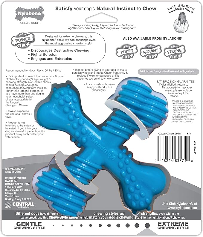 Nylabone Comfort Hold X-Bone Power Chew Toy for Dogs, Dog Toys for Aggressive Chewers, Beef Flavor, Large - Up to 50 lbs, 1 Count
