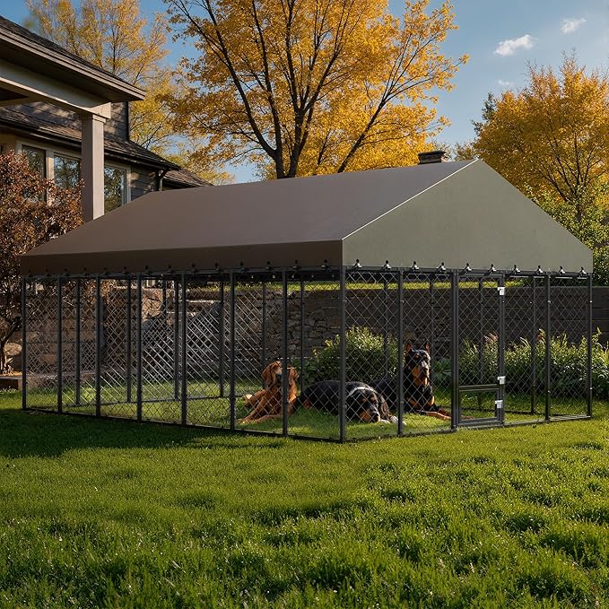 10x14FT Dog Kennel Outdoor with Roof - Heavy Duty Metal Fence Playpen for Large Dogs, Weatherproof Enclosure with Double Lock Gate & Feeding Swivel Door