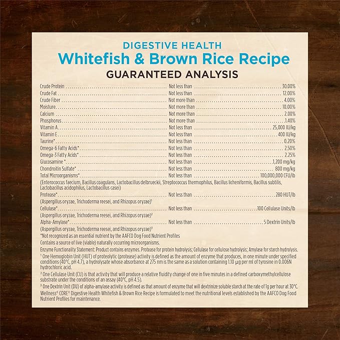 Wellness CORE Digestive Health Adult Dry Dog Food, Wholesome Grain Kibble, Sensitive Stomach, Natural, High Protein, Chicken Free, Whitefish and Brown Rice Recipe, 4 lb Bag