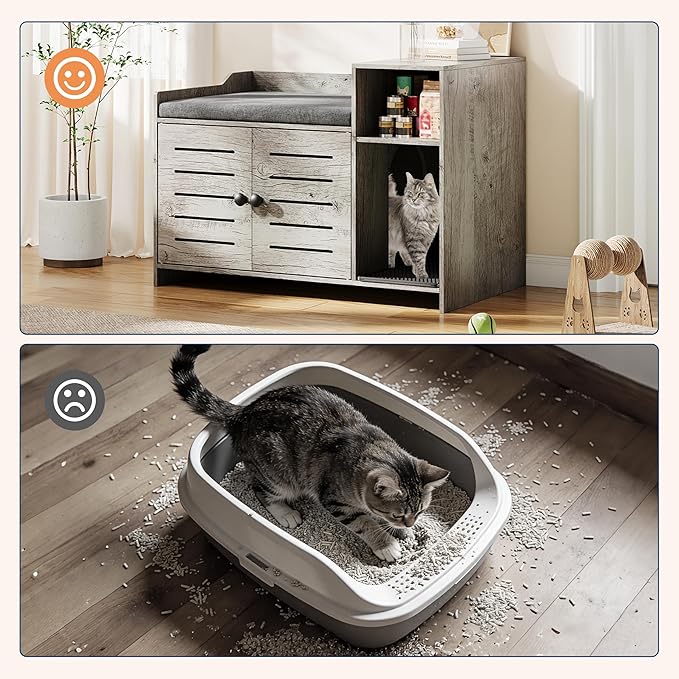 Cat Litter Box Enclosures, Large Hidden Cat Litter Box Furniture with Double Door, Wooden End Table Litter Box Cabinet with Storage Shelf, Cushion & Litter Mat, Dog Proof Design, Modern Cat House