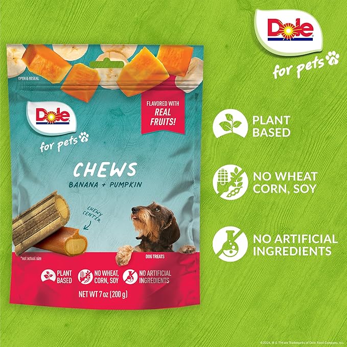 Dole for Pets Freshly Fetched Dog Chews with Banana and Pumpkin Flavor, No Wheat Corn Soy Artificial Flavors Colors or Preservatives, Chewy Center Firm Texture, 7.5 Oz