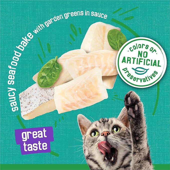 Friskies Purina Indoor Cat Food Meaty Bits Saucy Seafood Bake with Garden Greens in Sauce - 5.5 oz. Cans (Pack of 48)