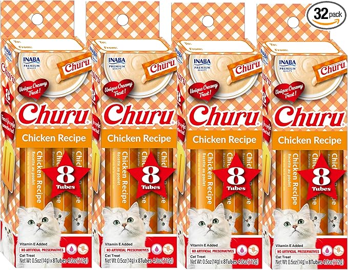 INABA Churu Lickable Purée Natural Cat Treats - Tuna with Chicken Recipe, 32 Tubes (4 Boxes of 8 Tubes Each)