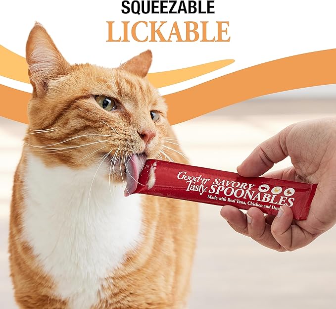 Good 'N' Tasty Savory Spoonables with Real Tuna, Chicken & Duck, 6 Count Tube, Triple Flavor Squeezable Lickable Wet Treats for Cats with Built-in Spoon for Less Mess