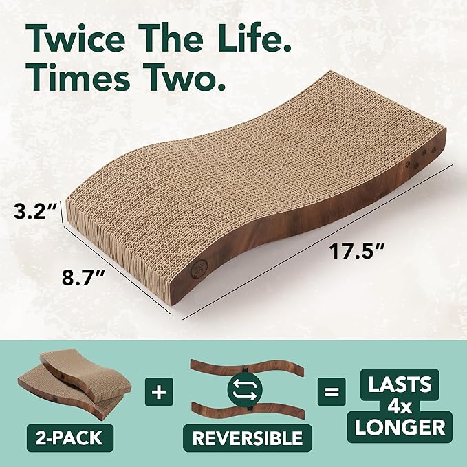 Reversible Wave Cat Scratcher for Indoor Cats - Cat Scratching Board, Horizontal Cat Scratch Pad Lounger with Reversible Usability and Extra Comfort for Lounge(2Pack, Oak)