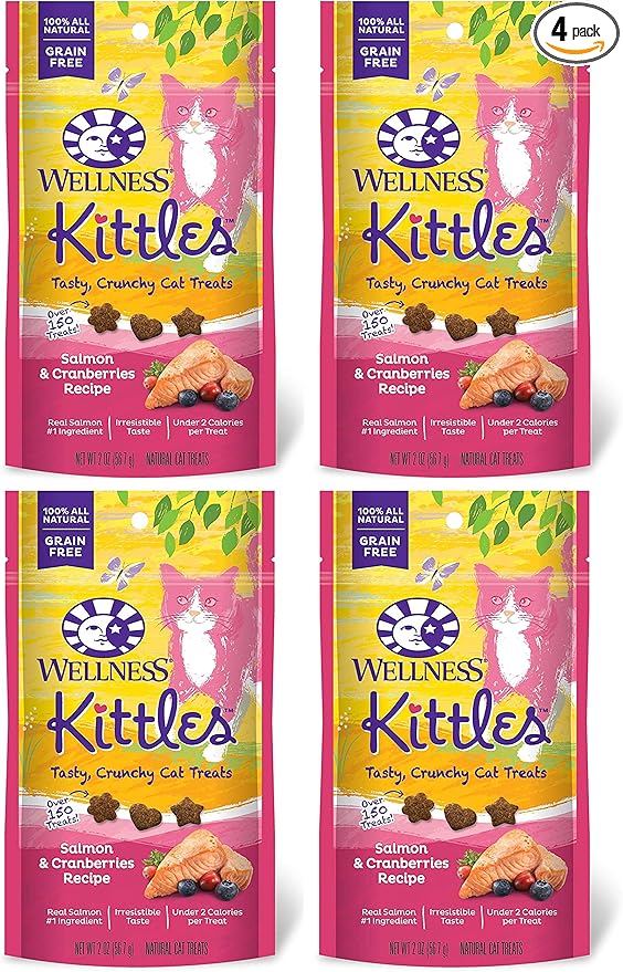 Wellness 4 Pack of Salmon & Cranberries Kittles, 2 Ounces Each, Crunchy Natural Grain-Free Cat Treats
