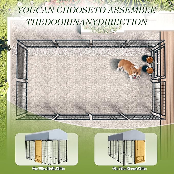 Outdoor Dog Kennel, 8x4x5.7 FT Dog Enclosure with Waterproof Roof Cover & 2 Rotating Dog Bowls for Large Dogs, Welded Wire Steel Outside Dog Fence Dogs Exercise with Secure Lock
