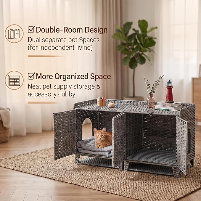 Cat Litter Box Enclosure Furniture, Handwoven Rattan Cat Houses, Hidden Cat Washroom Furniture with Door/Mat, Large Space Cat Houses with S-Shaped Hooks, Living Room, Bedroom, Gray