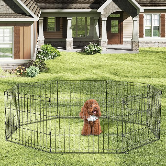PAWZ Road Dog Playpen, Foldable Metal Dog Fence Outdoor/Indoor Use Portable Design for RV and Camping- 8 Panels (24" Wide Each), 24 inch Height for Small Dogs Puppy Large Dogs